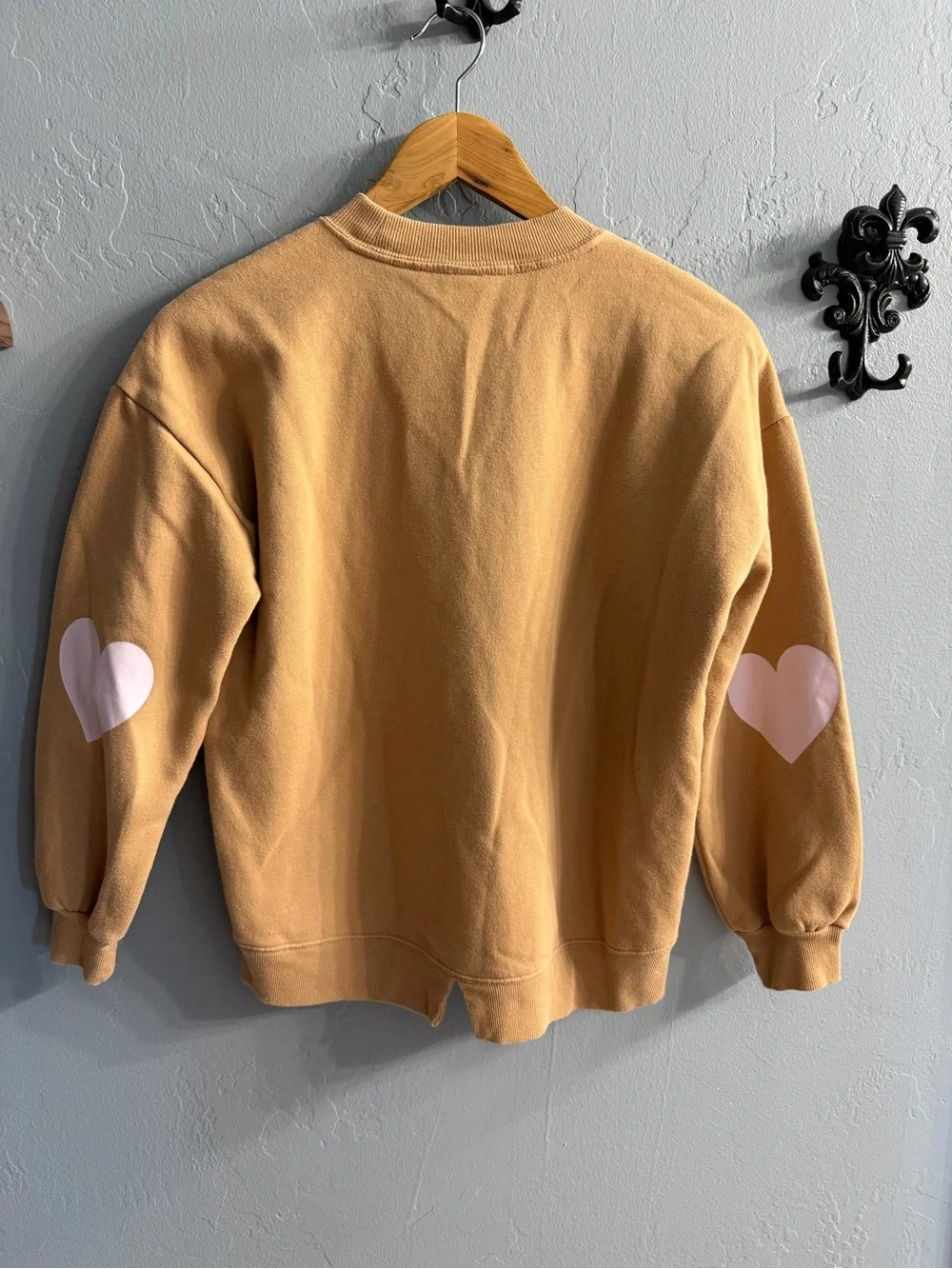 Girls Old Navy Tan Crewneck Sweatshirt with Pink Heart Elbow Patches